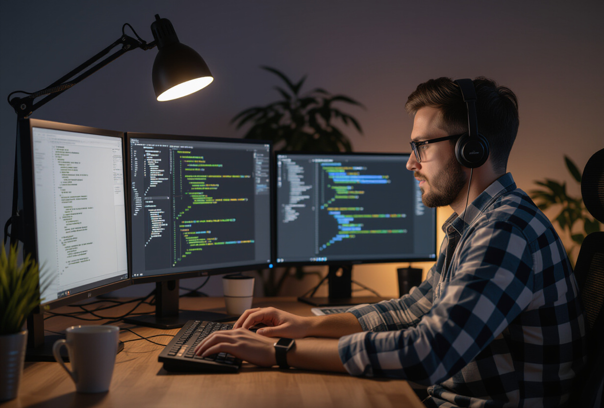 Developpeur travaillant de nuit devant des ecrans de code, ambiance lampe de bureau chaleureuse