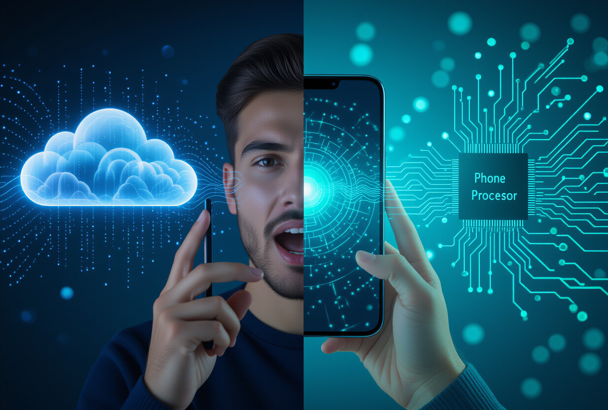 Personne parlant dans un smartphone avec ondes sonores visibles, comparaison entre cloud et traitement local