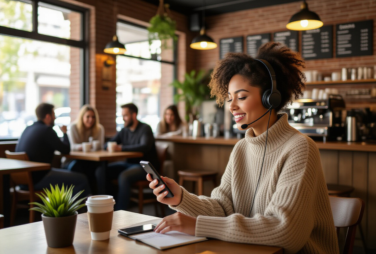 Personne utilisant la dictee vocale sur son telephone dans un cafe bruyant