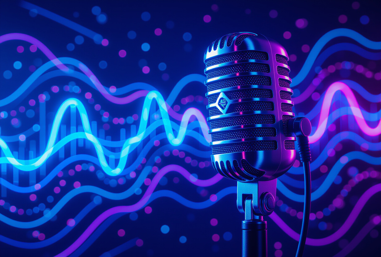 Microphone professionnel avec visualisation d ondes audio flottant dans l air, eclairage neon bleu et violet