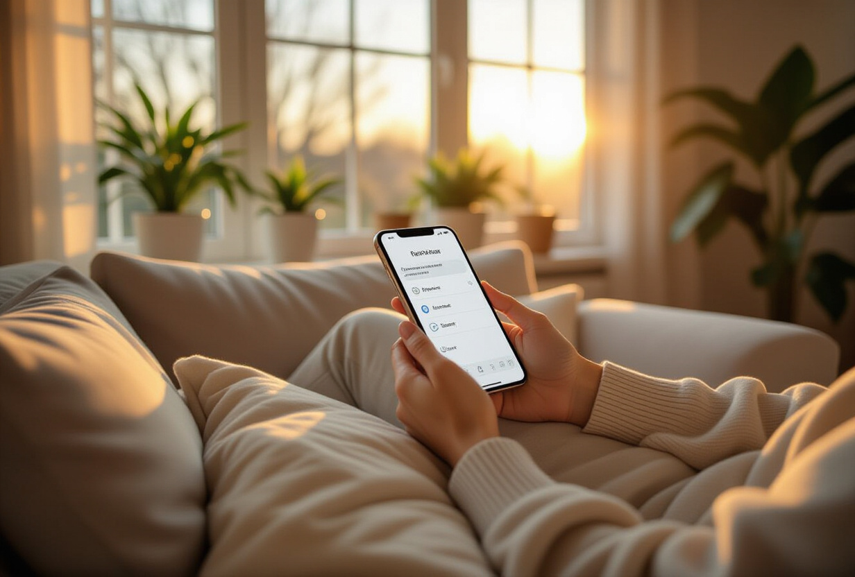 Personne detendue utilisant une application de taches simple sur son smartphone dans un environnement calme
