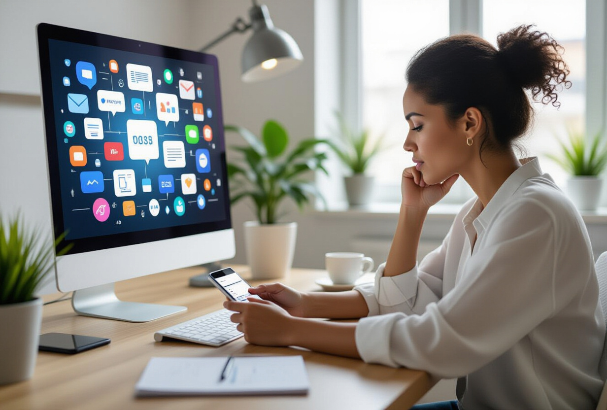 Personne submergee par les notifications de dizaines d'applications de productivite sur son smartphone