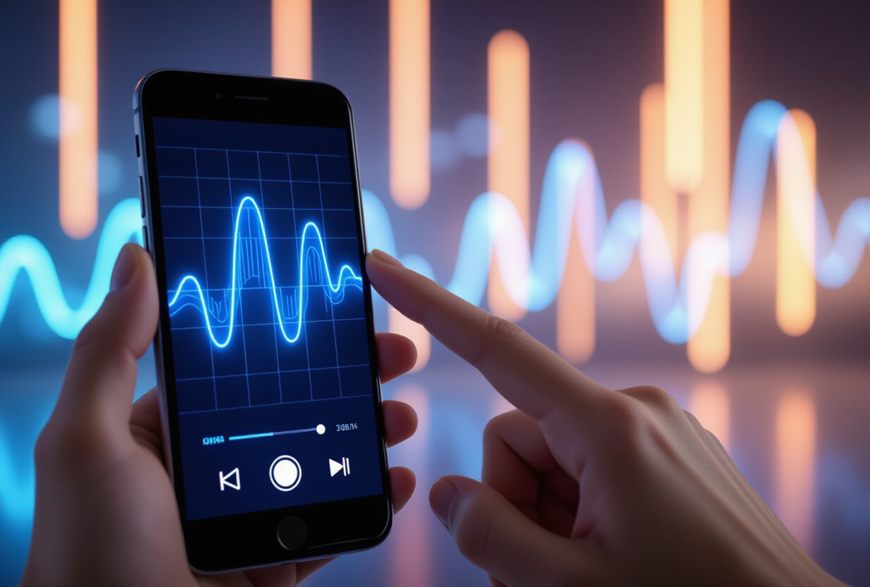 Main tenant un smartphone avec une onde vocale visible a l'ecran, capture vocale instantanee