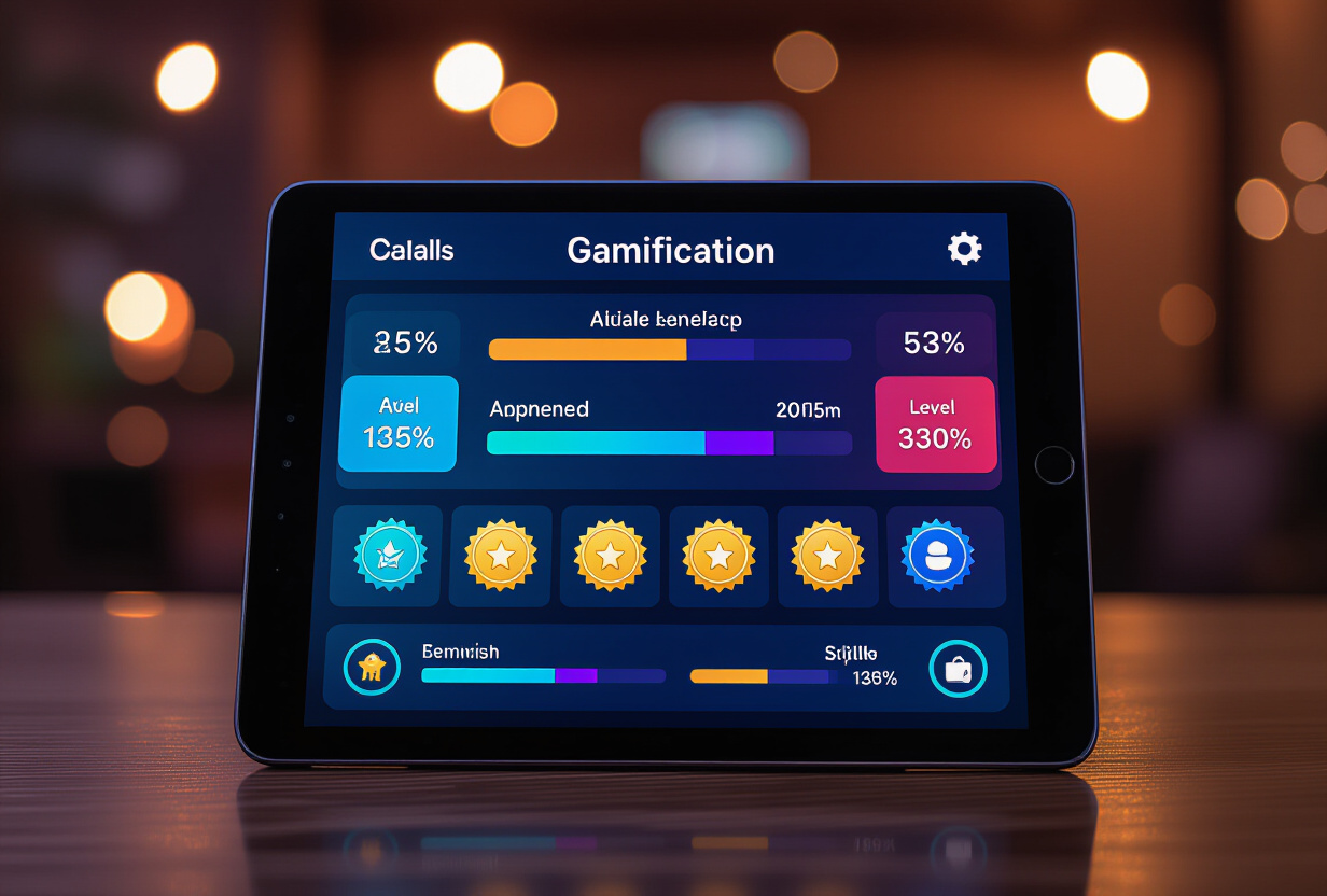 Ecran de tableau de bord de gamification montrant des barres de progression, badges et compteur de streaks