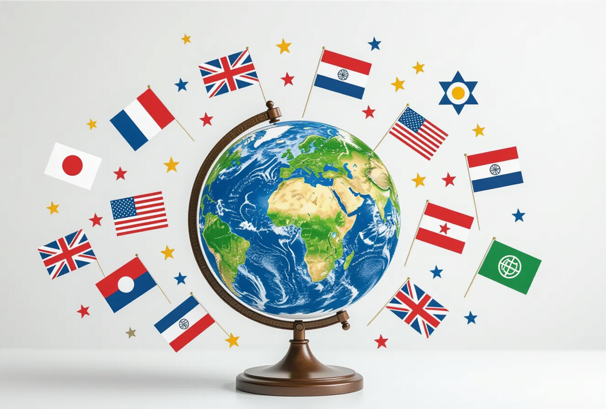 Globe entoure de drapeaux et symboles representant six langues differentes