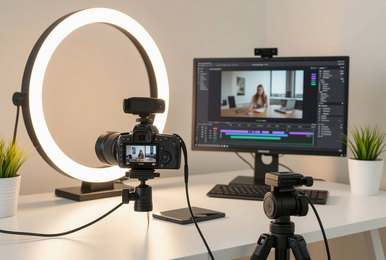 Camera professionnelle filmant une demo d'application mobile sur un bureau avec ring light